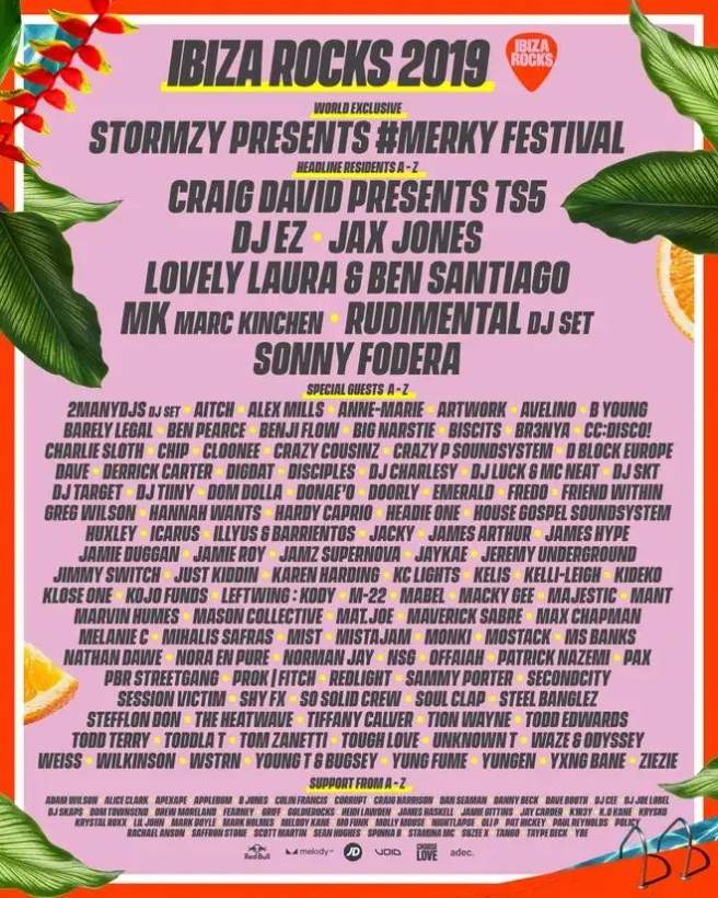 Ibiza Rocks 2019 season poster — Stormzy presents #Merky Festival, Craig David presents TS5, DJ EZ, MK, Rudimental and the full season lineup
