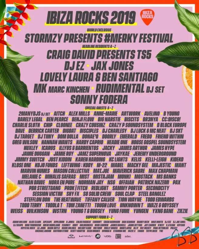 Ibiza Rocks 2019 — Stormzy presents #Merky Festival, Craig David presents TS5 lineup poster